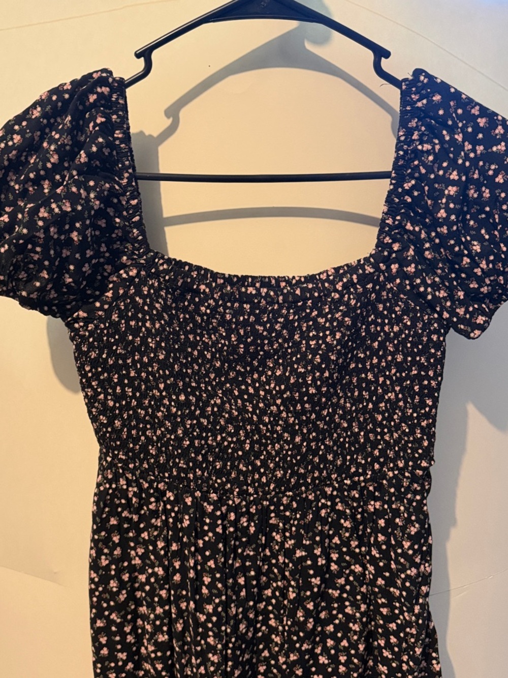 SO Black Floral Square-Neck Smocked Dress with Pink Print
